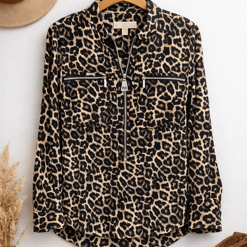 Michael Kors Leopard Print Button-Front Blouse - Black & Cream